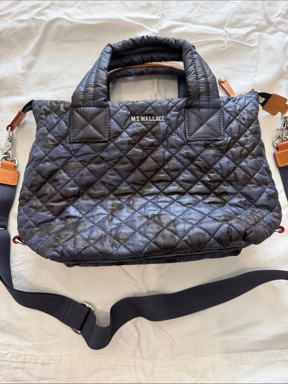 MZ WALLACE Small Sutton Deluxe Top Handle Bag – Blue & Black Camo Quilted Nylon